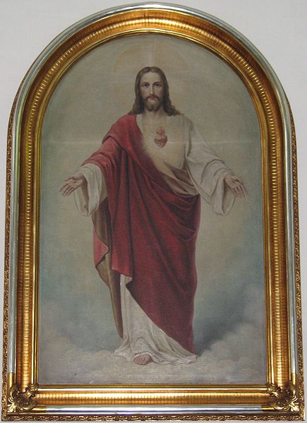 The picture depicts the Sacred Heart of Jesus on an early 20th century painting (the painter is unknown). It is exhibited in the Greek Catholic Cathedral of Hajdúdorog, Hungary.